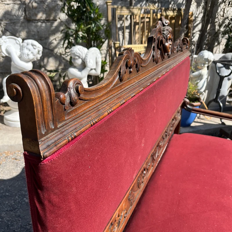 French Renaissance style parlor set, 9 pieces, carved wood and red velvet upholstery