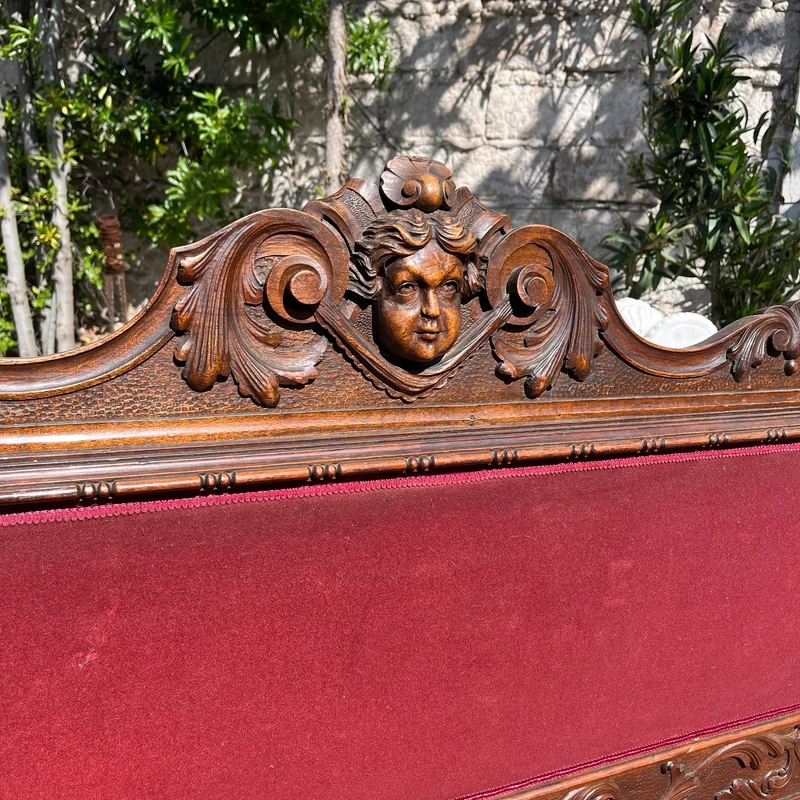 French Renaissance style parlor set, 9 pieces, carved wood and red velvet upholstery