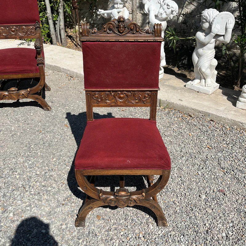 French Renaissance style parlor set, 9 pieces, carved wood and red velvet upholstery