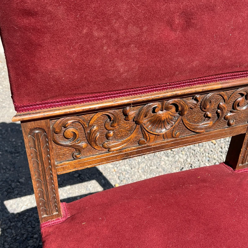 French Renaissance style parlor set, 9 pieces, carved wood and red velvet upholstery