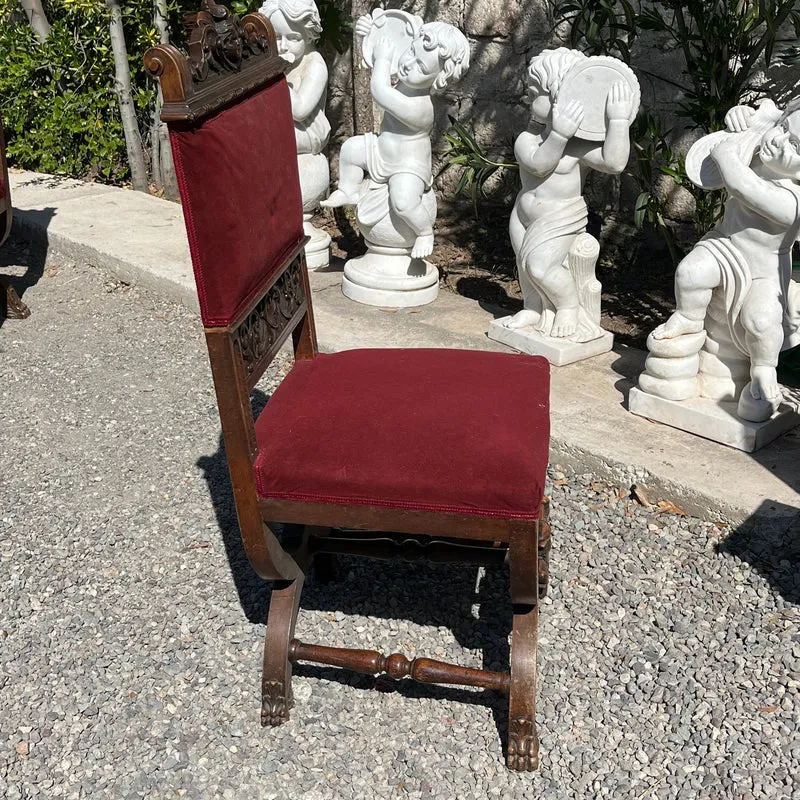 French Renaissance style parlor set, 9 pieces, carved wood and red velvet upholstery