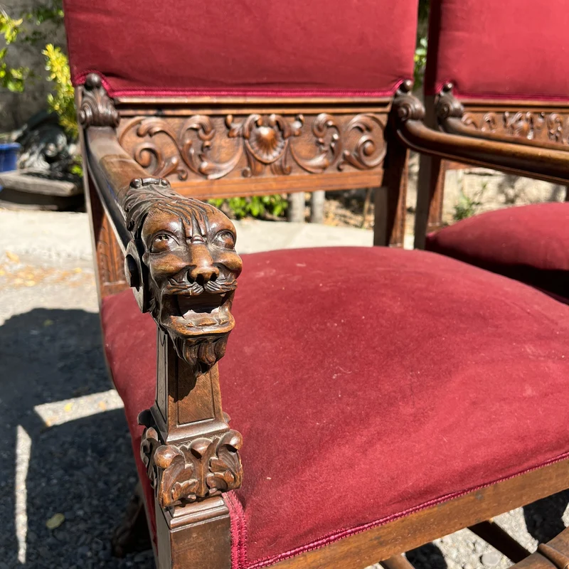 French Renaissance style parlor set, 9 pieces, carved wood and red velvet upholstery