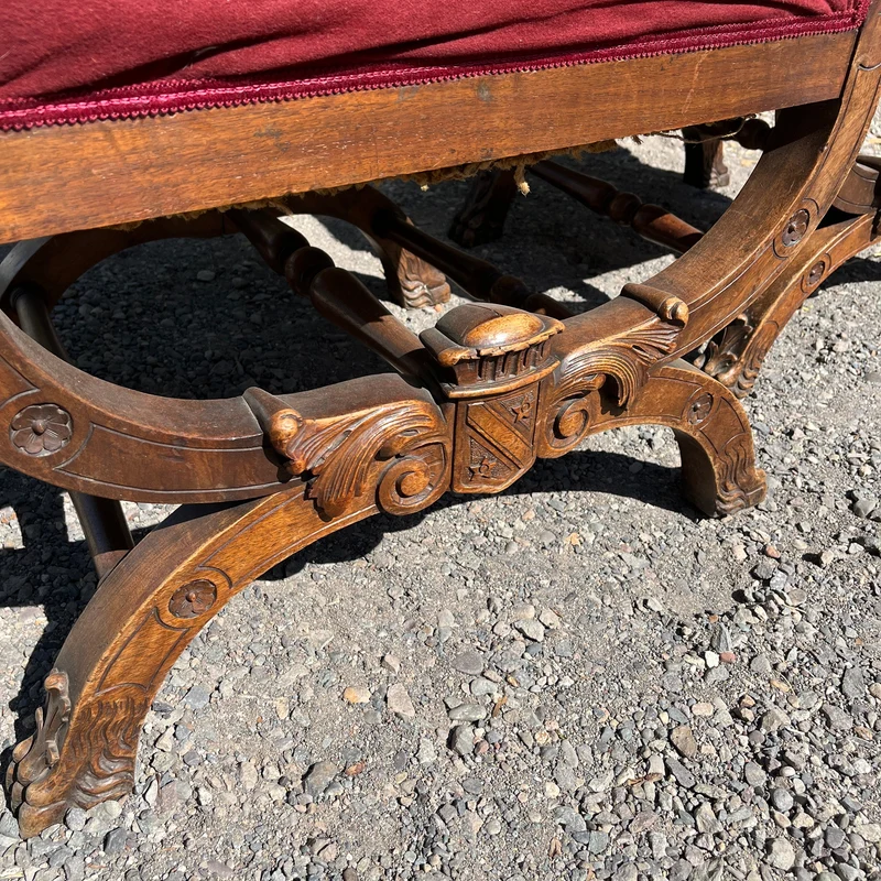 French Renaissance style parlor set, 9 pieces, carved wood and red velvet upholstery