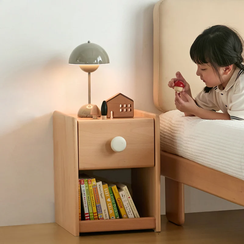 Eco-Friendly Kids Bedside Table - Traditional Japanese Beech Wood Multi-Layer Storage Nightstand 1-Drawer For Bedroom