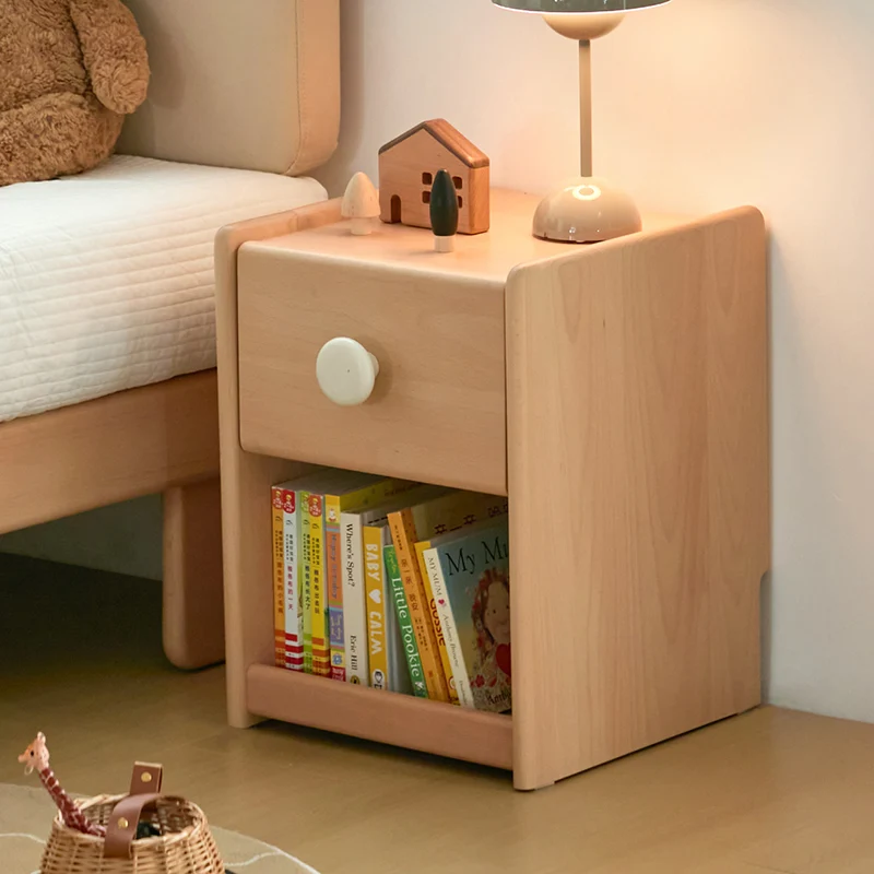 Eco-Friendly Kids Bedside Table - Traditional Japanese Beech Wood Multi-Layer Storage Nightstand 1-Drawer For Bedroom