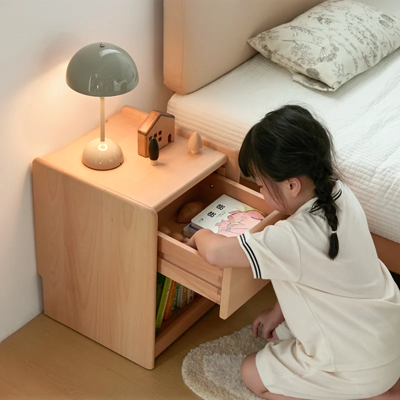 Eco-Friendly Kids Bedside Table - Traditional Japanese Beech Wood Multi-Layer Storage Nightstand 1-Drawer For Bedroom