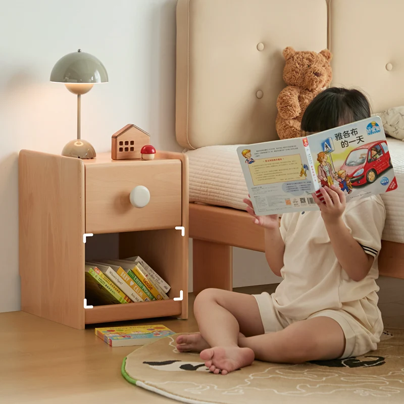 Eco-Friendly Kids Bedside Table - Traditional Japanese Beech Wood Multi-Layer Storage Nightstand 1-Drawer For Bedroom