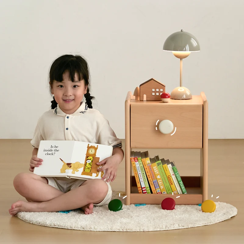 Eco-Friendly Kids Bedside Table - Traditional Japanese Beech Wood Multi-Layer Storage Nightstand 1-Drawer For Bedroom