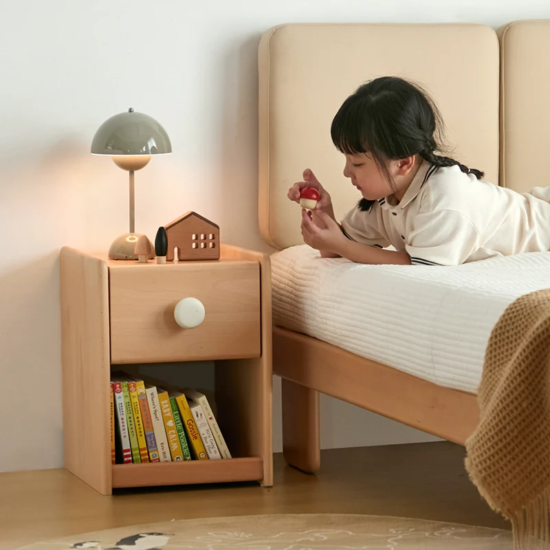 Eco-Friendly Kids Bedside Table - Traditional Japanese Beech Wood Multi-Layer Storage Nightstand 1-Drawer For Bedroom