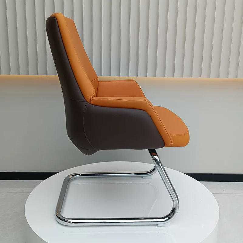 Modern Executive Two-Tone PU Leather Desk Chair - Warm Brown Cantilever Office Chair With Ergonomic Headrest & Chrome Base For Home Office