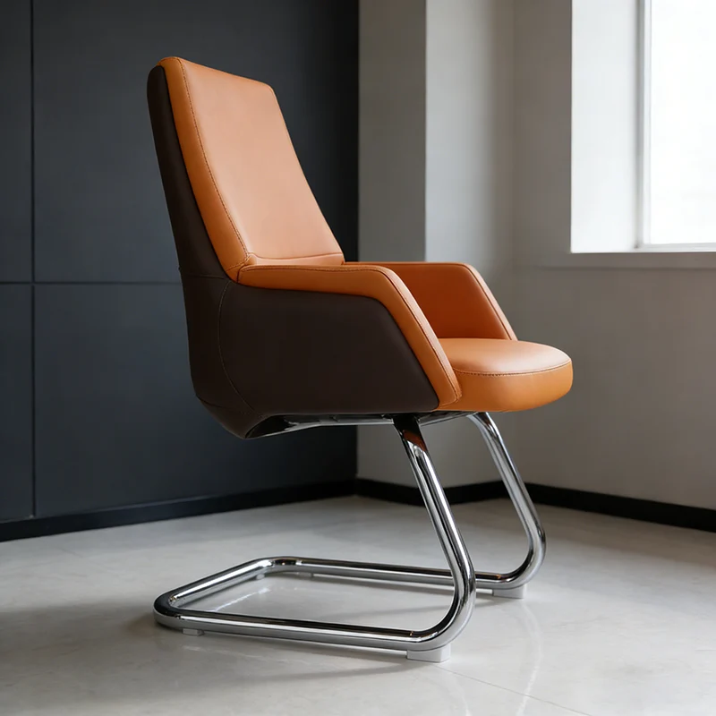 Modern Executive Two-Tone PU Leather Desk Chair - Warm Brown Cantilever Office Chair With Ergonomic Headrest & Chrome Base For Home Office