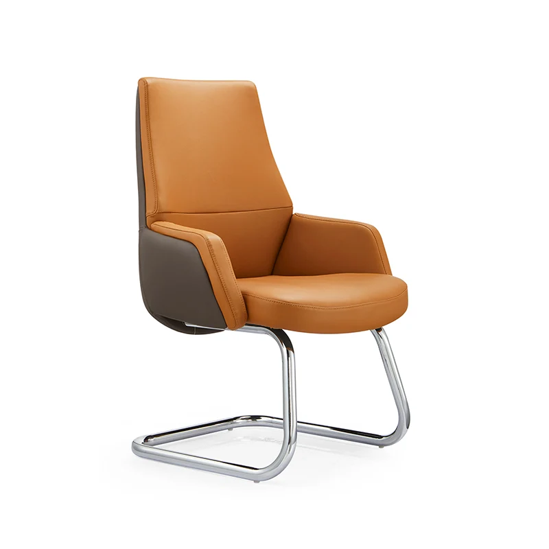 Modern Executive Two-Tone PU Leather Desk Chair - Warm Brown Cantilever Office Chair With Ergonomic Headrest & Chrome Base For Home Office