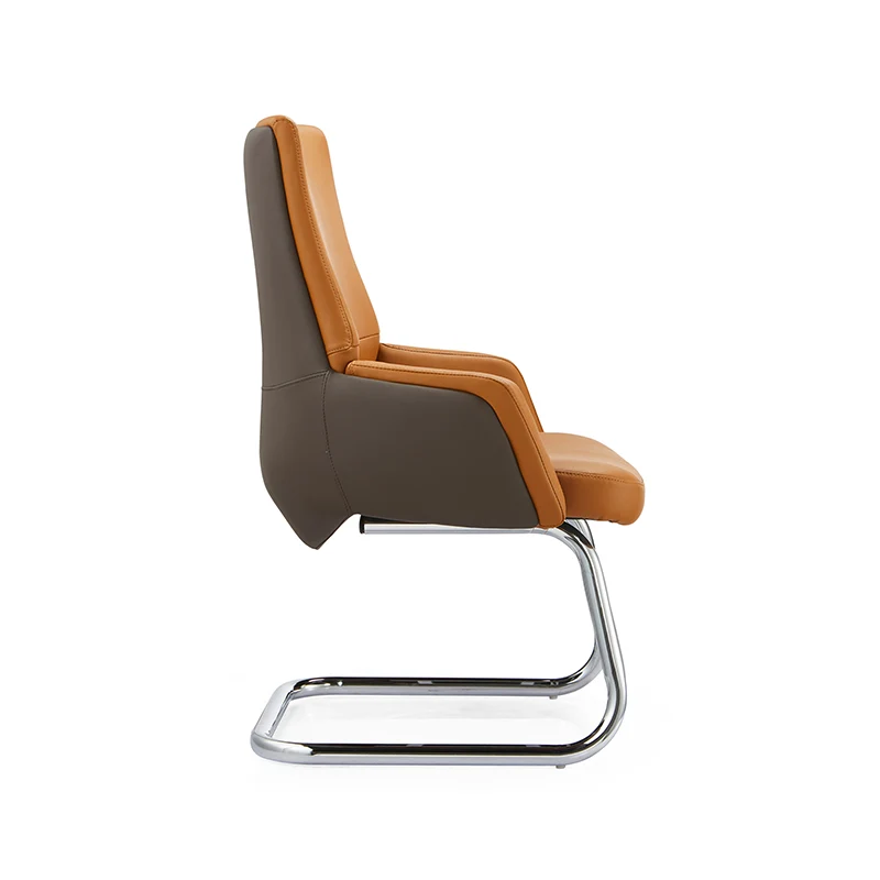 Modern Executive Two-Tone PU Leather Desk Chair - Warm Brown Cantilever Office Chair With Ergonomic Headrest & Chrome Base For Home Office
