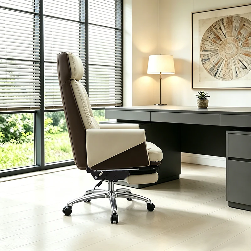 Modern Ergonomic Premium Brazilian Cowhide Leather Contact Surface Office Chair - Rectangular High Back Reclining Backrest & Cushioned Head Support Desk Chair For Home Office
