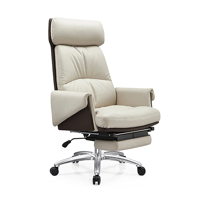 Modern Ergonomic Premium Brazilian Cowhide Leather Contact Surface Office Chair - Rectangular High Back Reclining Backrest & Cushioned Head Support Desk Chair For Home Office