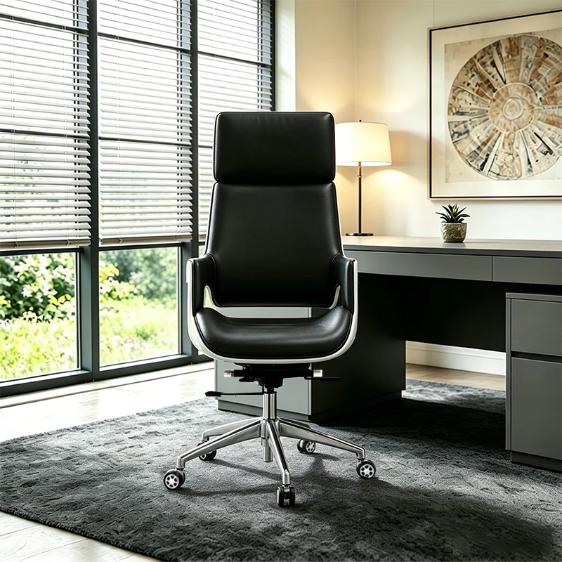 Modern Premium Brazilian Cowhide Leather Contact Surface Executive Desk Chair - Rectangular High Back Padded Cushion Office Chair For Home Office