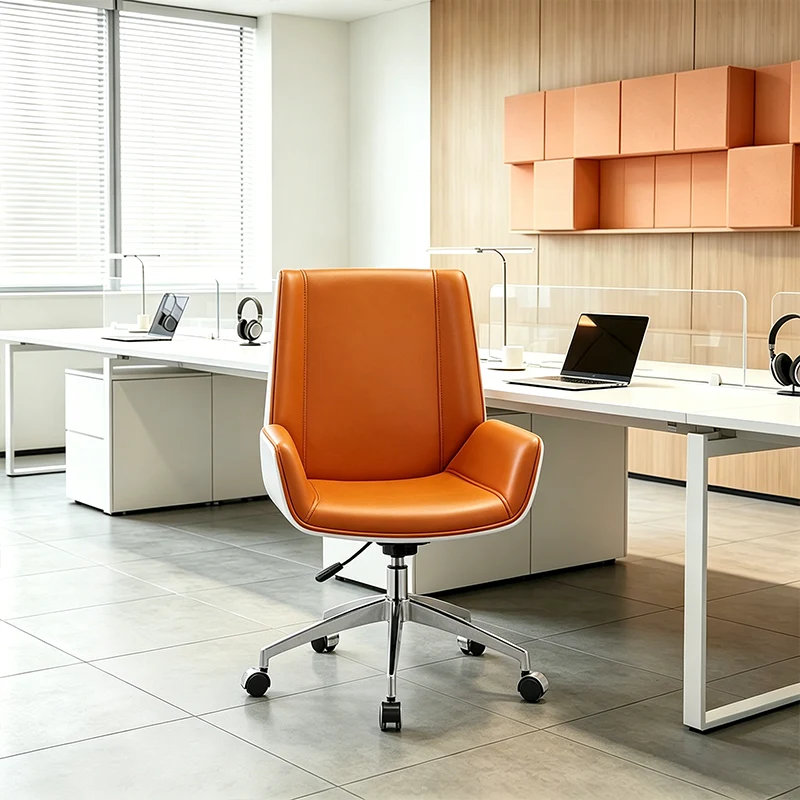 Modern Premium Brazilian Cowhide Leather Contact Surface Executive Mid Back Desk Chair - Rectangular High Back High Density Foam Cushion Aluminum Base Office Chair For Home Office