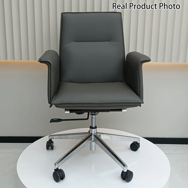 Modern Minimalist Mid-Back Desk Chair: Leather Luxury Swivel Chair- Ergonomic Height-Adjustable Office Chair For Home Office