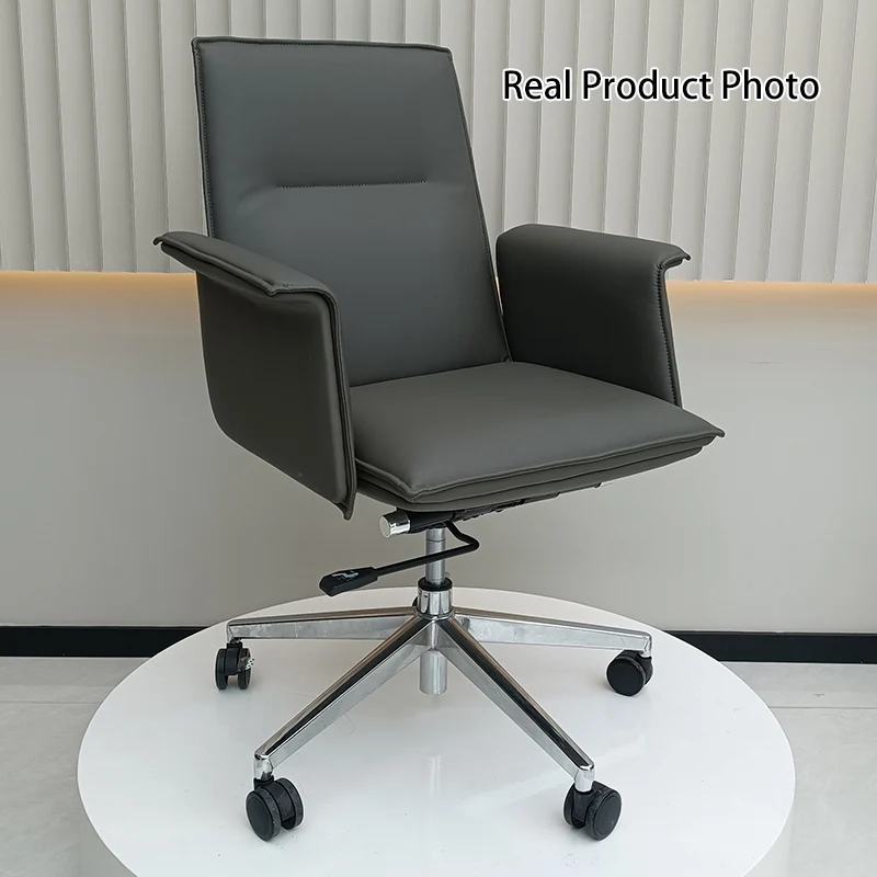 Modern Minimalist Mid-Back Desk Chair: Leather Luxury Swivel Chair- Ergonomic Height-Adjustable Office Chair For Home Office