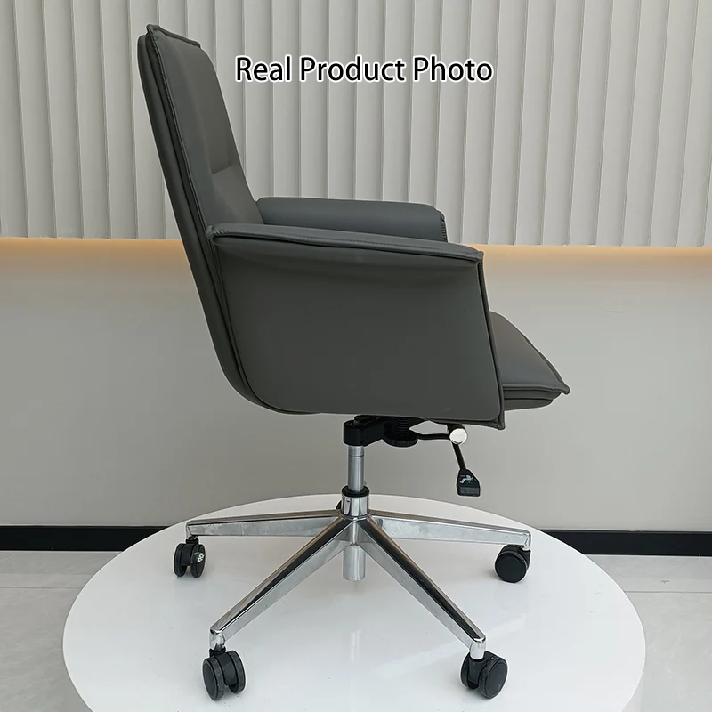 Modern Minimalist Mid-Back Desk Chair: Leather Luxury Swivel Chair- Ergonomic Height-Adjustable Office Chair For Home Office