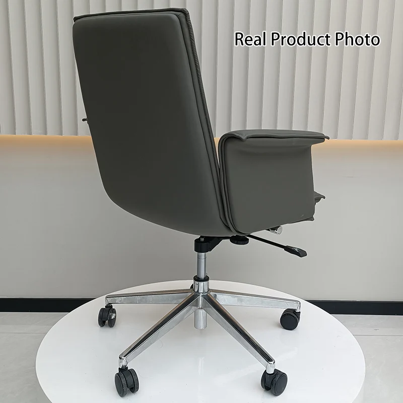 Modern Minimalist Mid-Back Desk Chair: Leather Luxury Swivel Chair- Ergonomic Height-Adjustable Office Chair For Home Office
