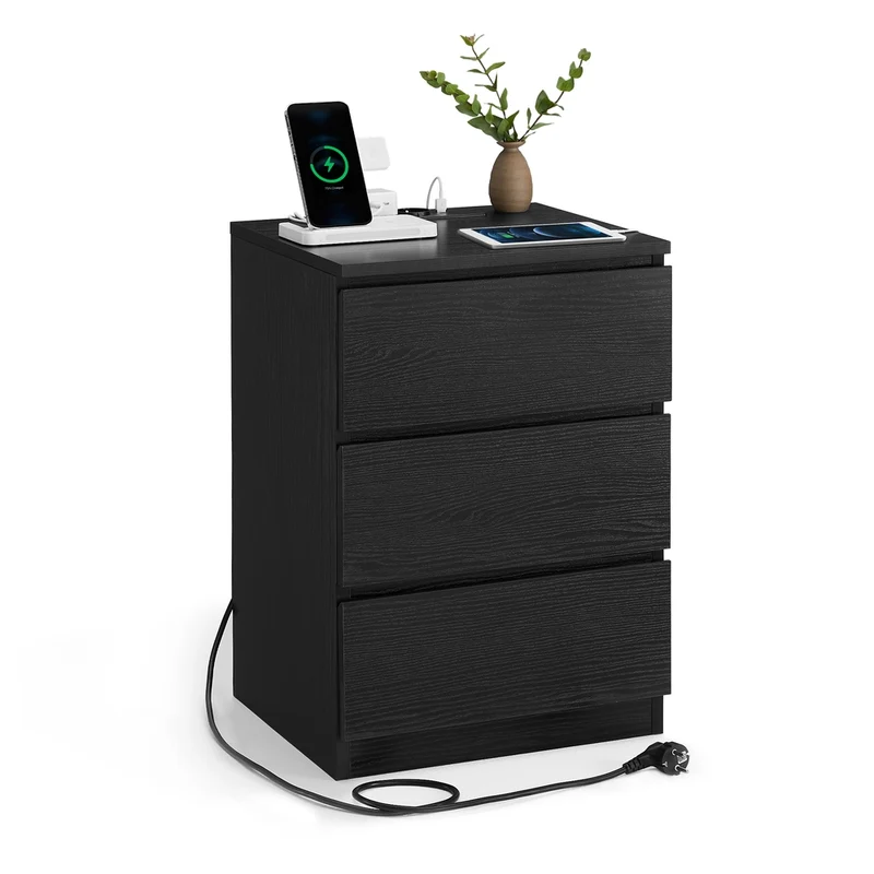 KAILYN Colección - Mesita de Noche con Estación de Carga con Cajones Puertos USB
