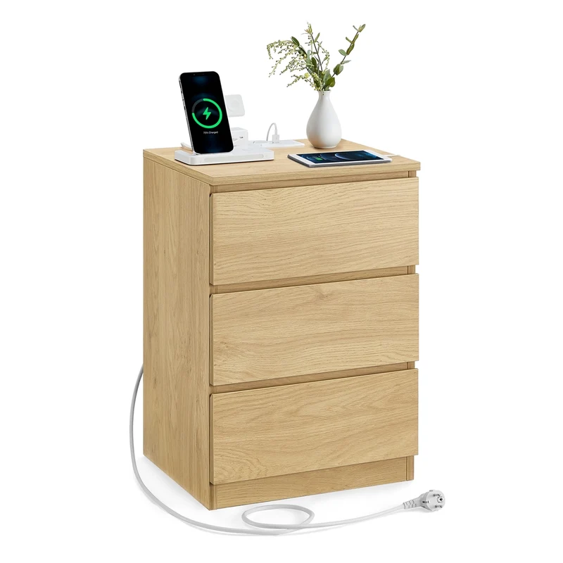 KAILYN Colección - Mesita de Noche con Estación de Carga con Cajones Puertos USB
