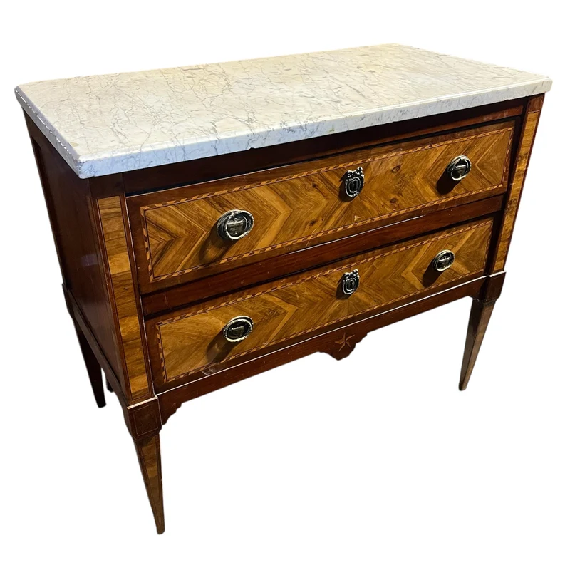 French transitional style dresser with white marble veneer and top