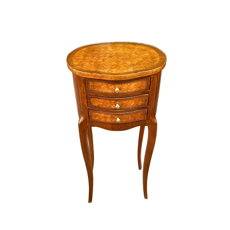 French Transition style bedside table with cabriole parquet flooring and three drawers