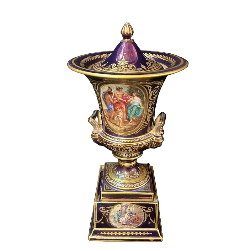 Purple Viennese porcelain urn vase with gold decorations “Bacchus and the Nymph”