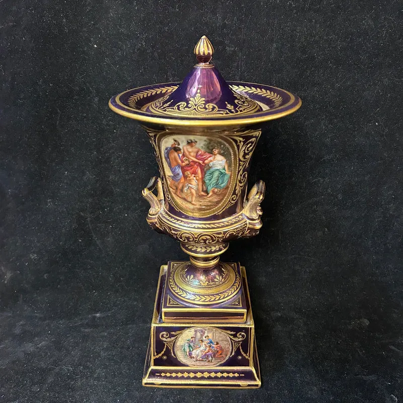 Purple Viennese porcelain urn vase with gold decorations “Bacchus and the Nymph”