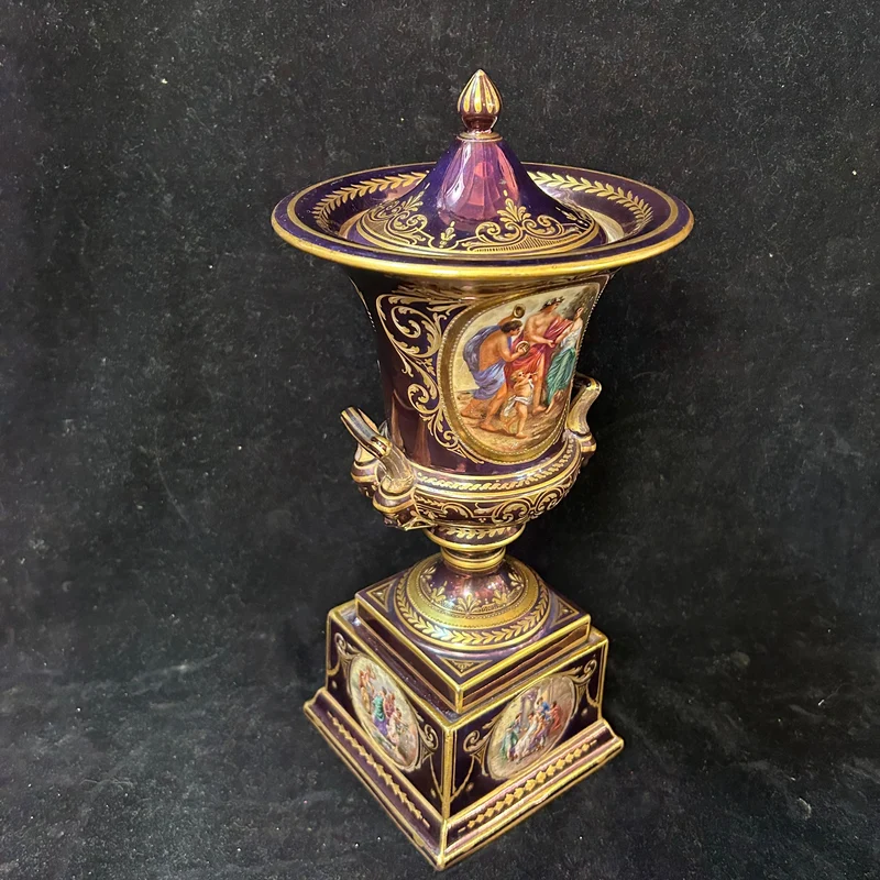 Purple Viennese porcelain urn vase with gold decorations “Bacchus and the Nymph”