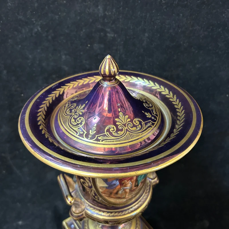 Purple Viennese porcelain urn vase with gold decorations “Bacchus and the Nymph”