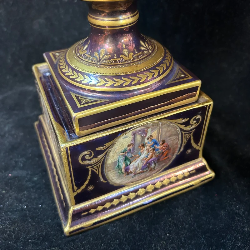 Purple Viennese porcelain urn vase with gold decorations “Bacchus and the Nymph”