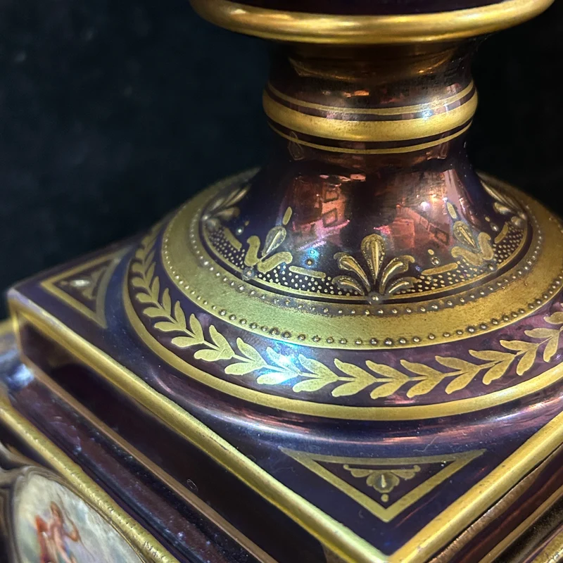 Purple Viennese porcelain urn vase with gold decorations “Bacchus and the Nymph”