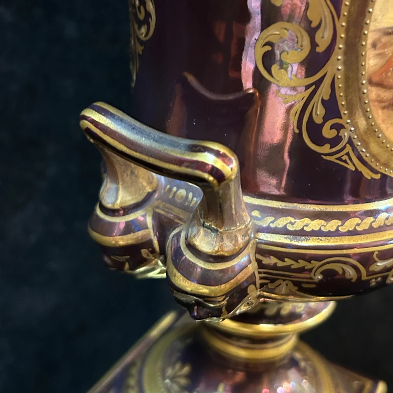 Purple Viennese porcelain urn vase with gold decorations “Bacchus and the Nymph”
