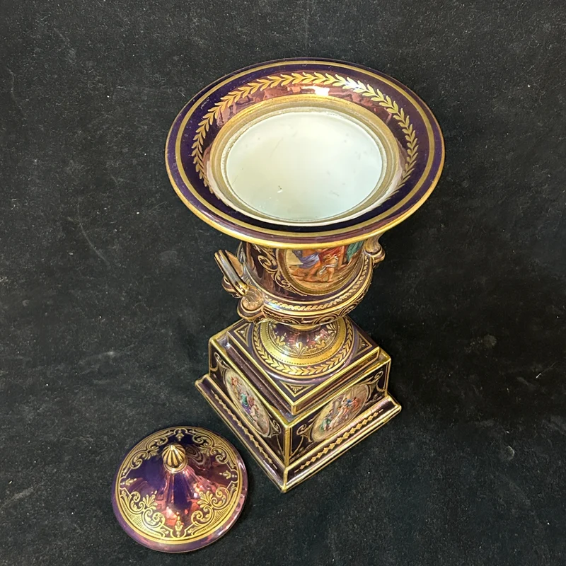Purple Viennese porcelain urn vase with gold decorations “Bacchus and the Nymph”