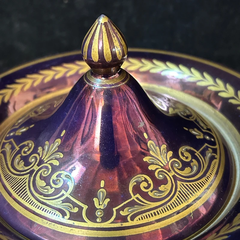 Purple Viennese porcelain urn vase with gold decorations “Bacchus and the Nymph”