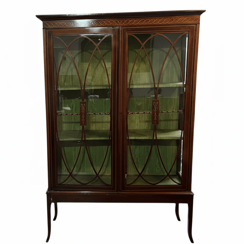 English Edwardian style display cabinet, mahogany marquetry and wood inlay on glass