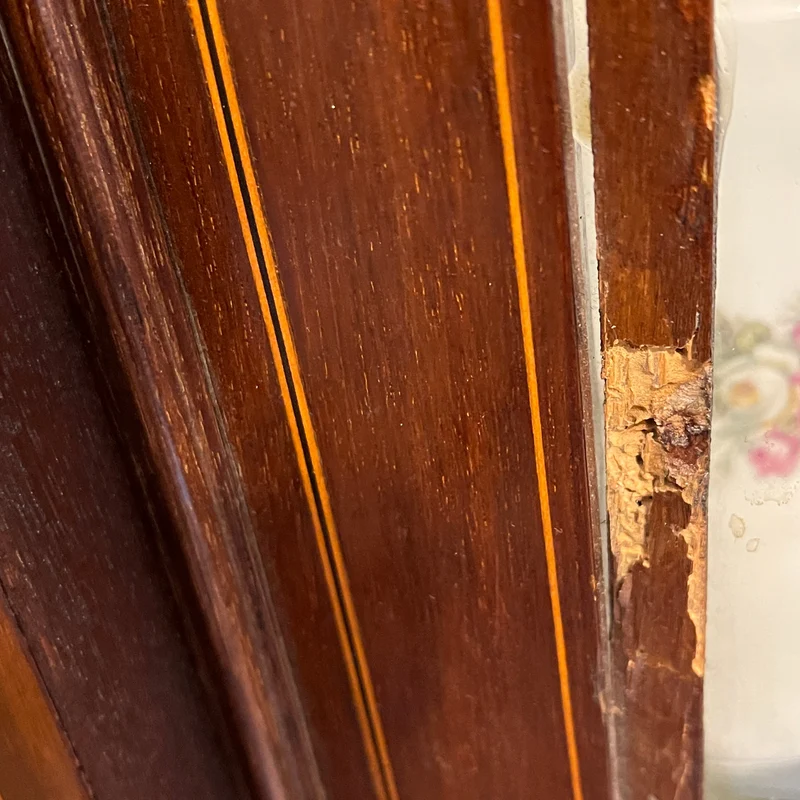 English Edwardian style display cabinet, mahogany marquetry and wood inlay on glass
