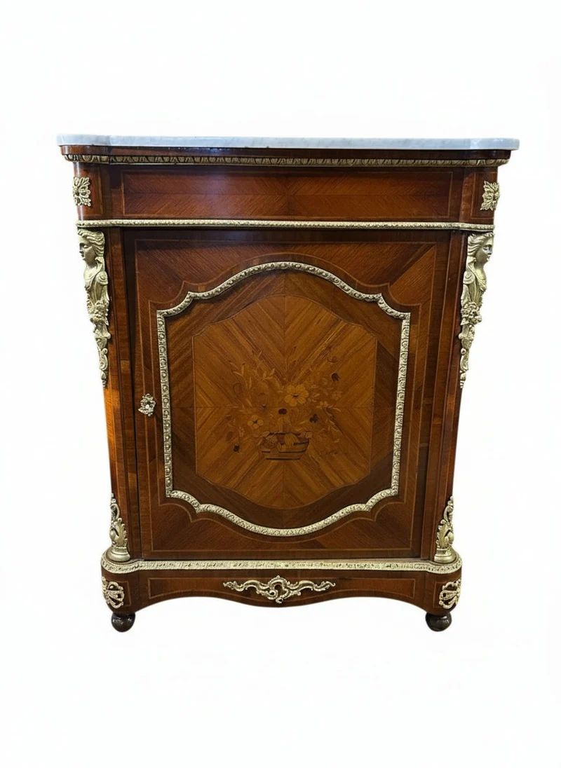 French Boulles pair Napoleon III style floral marquetry bronze appliqués and marble top