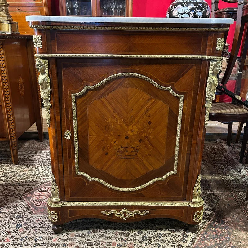 French Boulles pair Napoleon III style floral marquetry bronze appliqués and marble top