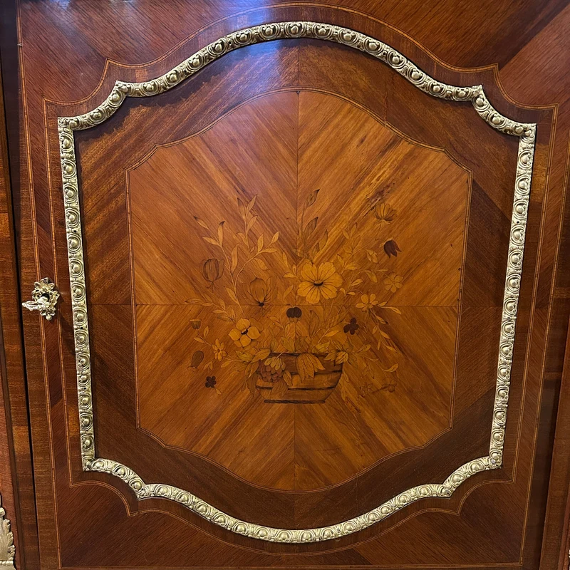 French Boulles pair Napoleon III style floral marquetry bronze appliqués and marble top