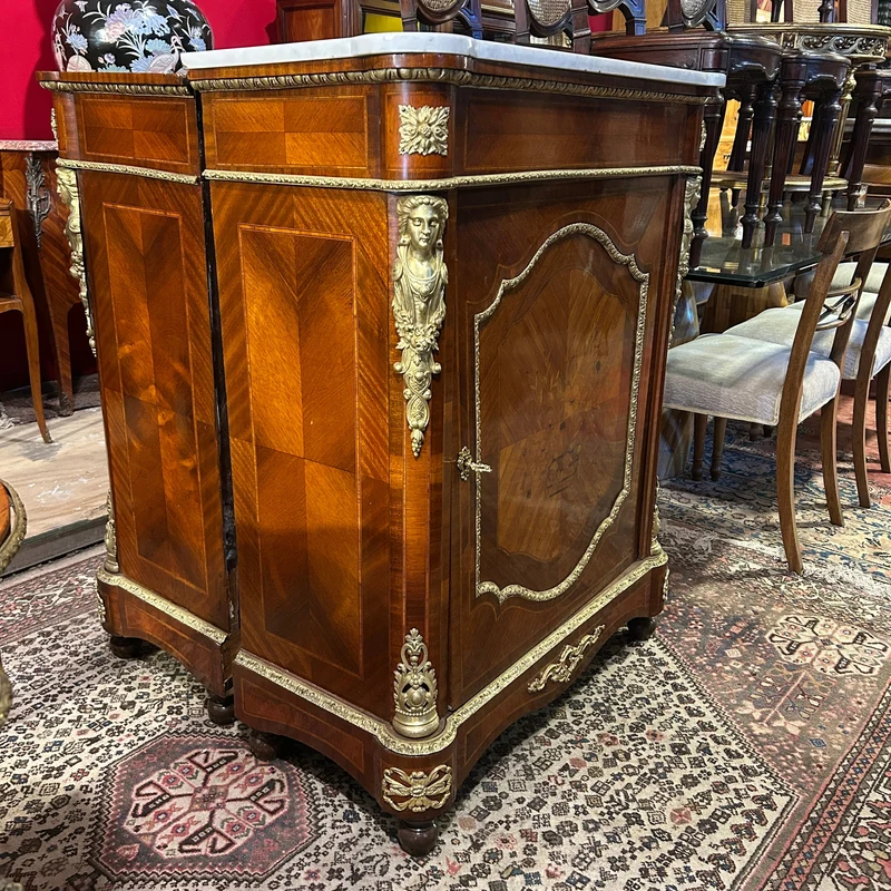 French Boulles pair Napoleon III style floral marquetry bronze appliqués and marble top