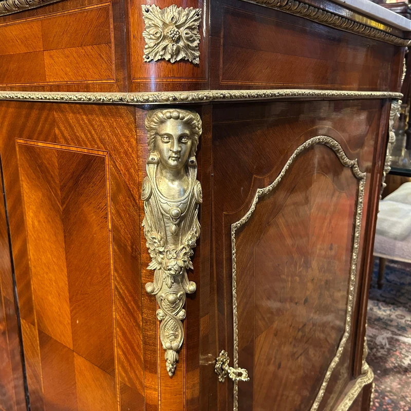 French Boulles pair Napoleon III style floral marquetry bronze appliqués and marble top