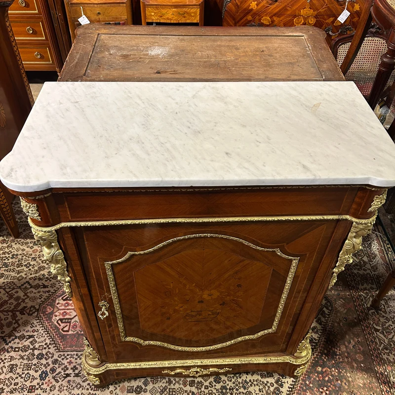 French Boulles pair Napoleon III style floral marquetry bronze appliqués and marble top