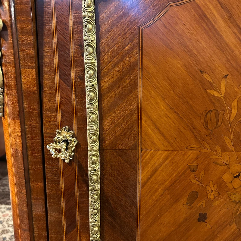 French Boulles pair Napoleon III style floral marquetry bronze appliqués and marble top