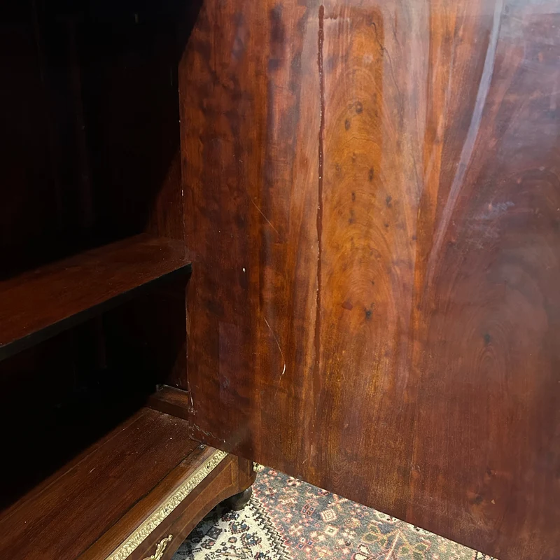 French Boulles pair Napoleon III style floral marquetry bronze appliqués and marble top