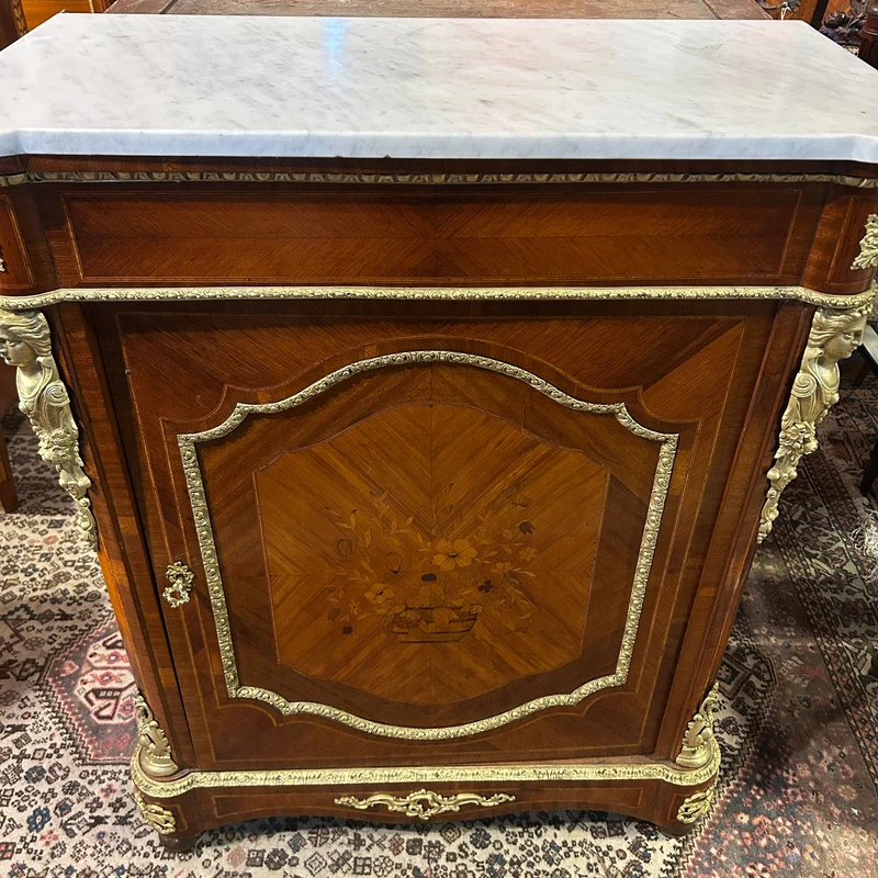 French Boulles pair Napoleon III style floral marquetry bronze appliqués and marble top