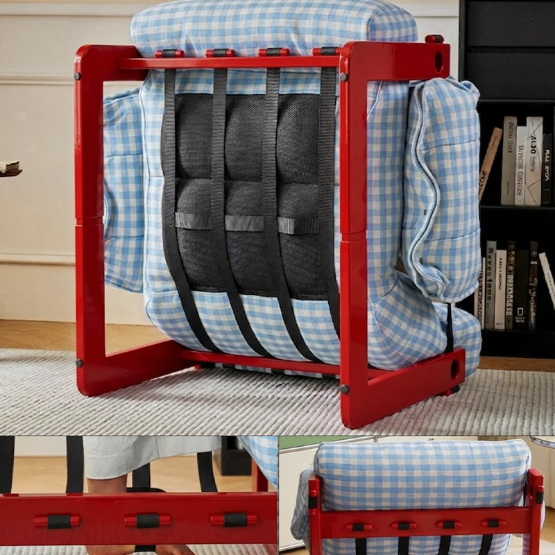 Dopamine Frame Blue Gingham Lounge Chair - Plush Ash Wood Accent Chair For Living Room